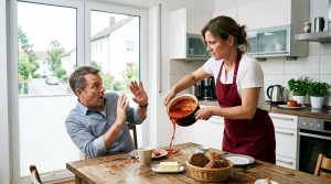 „Wenn dir mein Essen nicht passt, dann zieh doch wieder zu deiner Mutter! Bei ihr findest du ja grundsätzlich alles großartig“, fuhr seine Frau ihn an und hob den Topf drohend über den Tisch