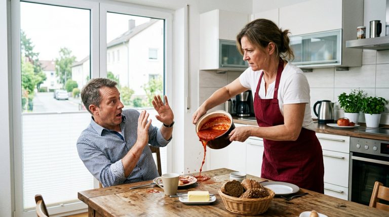 „Wenn dir mein Essen nicht passt, dann zieh doch wieder zu deiner Mutter! Bei ihr findest du ja grundsätzlich alles großartig“, fuhr seine Frau ihn an und hob den Topf drohend über den Tisch